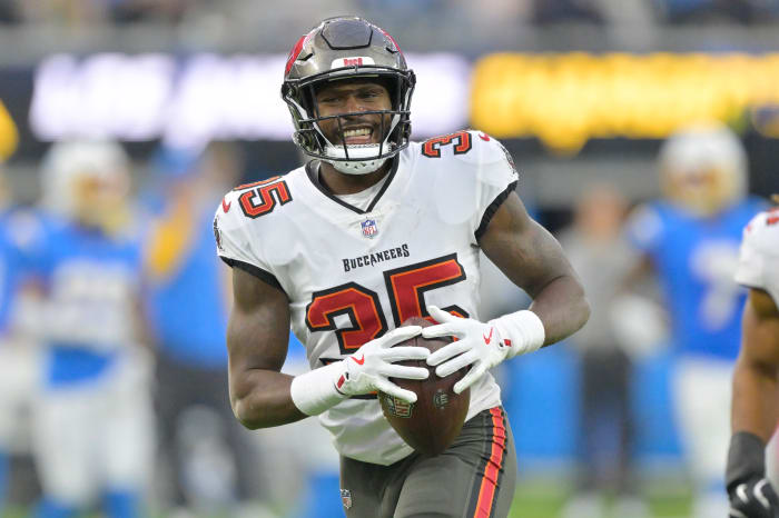 Tampa Bay Buccaneers cornerback Jamel Dean (35) celebrates after a fumble recovery in the second half against the Los Angeles Chargers at SoFi Stadium.