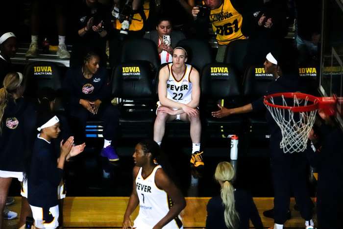 Indiana Fever guard Caitlin Clark (22) waits to be announced ahead of a WNBA preseason game against the Brazil National Team May 4, 2025 at Carver-Hawkeye Arena in Iowa City, Iowa.