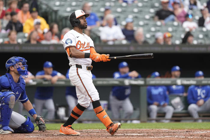 May 4, 2025; Baltimore, Maryland, USA; Baltimore Orioles center fielder Cedric Mullins (31) watches his home run against the Kansas City Royals during the fifth inning at Oriole Park at Camden Yards.