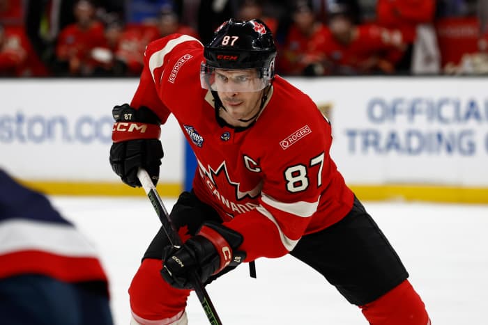 Pittsburgh Penguins forward Sydney Crosby (87) with Team Canada during the 4 Nations Face-Off ice hockey championship game.