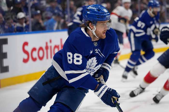 Toronto Maple Leafs forward William Nylander (88) carries the puck against the Florida Panthers at Scotiabank Arena.