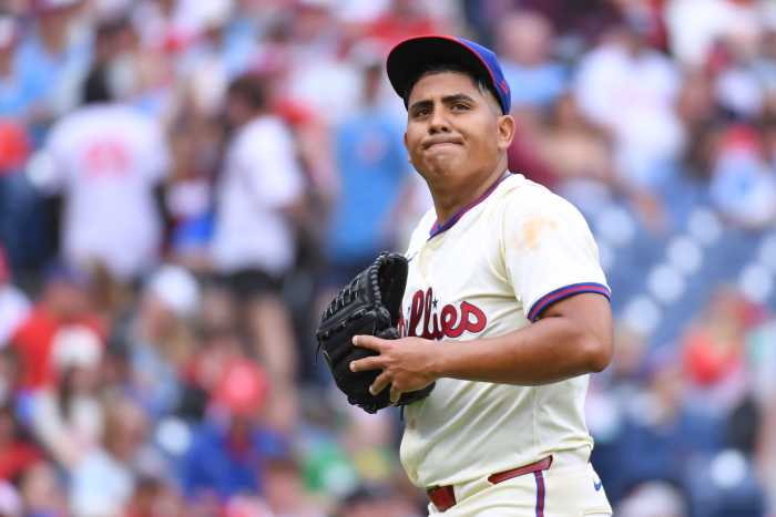Philadelphia Phillies pitcher Ranger Suarez (55) leaves the game during the fourth inning against the Arizona Diamondbacks at Citizens Bank Park.