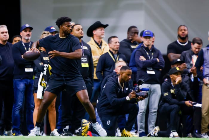 Colorado Buffaloes quarterback Shedeur Sanders (2) passes the ball at the University of Colorado NFL Showcase at the CU Indoor Practice Facility.
