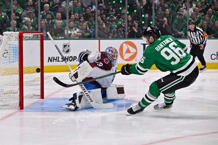 Dallas Stars right wing Mikko Rantanen (96) scores a goal against the Colorado Avalanche.