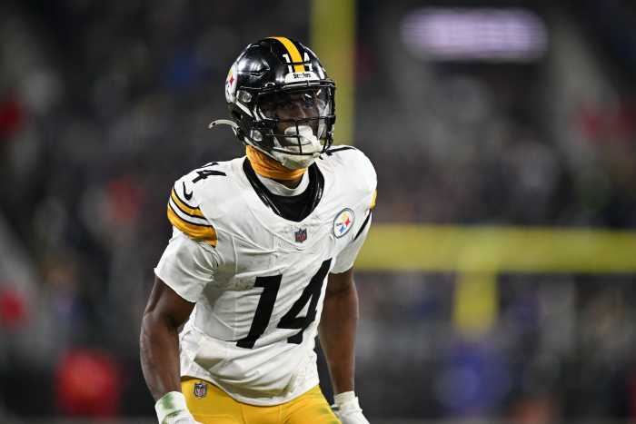 Steelers wide receiver George Pickens (14) looks on in the third quarter against the Ravens.