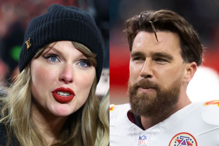 Taylor Swift (left) and Kansas City Chiefs tight end Travis Kelce (right).