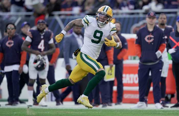 Green Bay Packers wide receiver Christian Watson (9) makes a 60-yard reception during the fourth quarter of their game Sunday, November 17, 2024, at Solider Field in Chicago, Illinois. The Green Bay Packers beat the Chicago Bears 20-19.