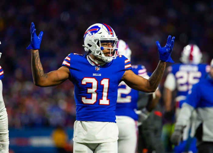 Buffalo Bills cornerback Rasul Douglas (31) reacts against the Kansas City Chiefs in the 2024 AFC divisional round game at Highmark Stadium.