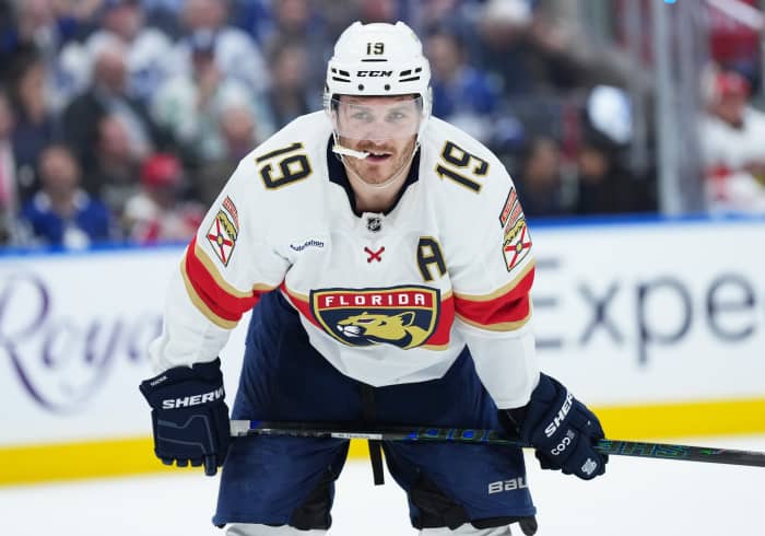 Florida Panthers left wing Matthew Tkachuk (19) waits for the faceoff against the Toronto Maple Leafs during the second period in game two of the second round of the 2025 Stanley Cup Playoffs.