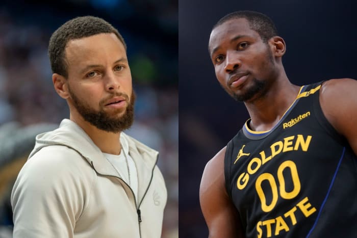 Golden State Warriors guard Stephen Curry (left) and forward Jonathan Kuminga (right).