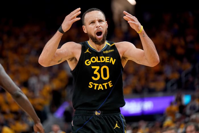 Golden State Warriors guard Stephen Curry (30) reacts after being fouled against the Houston Rockets in the 2025 NBA Playoffs at Chase Center.
