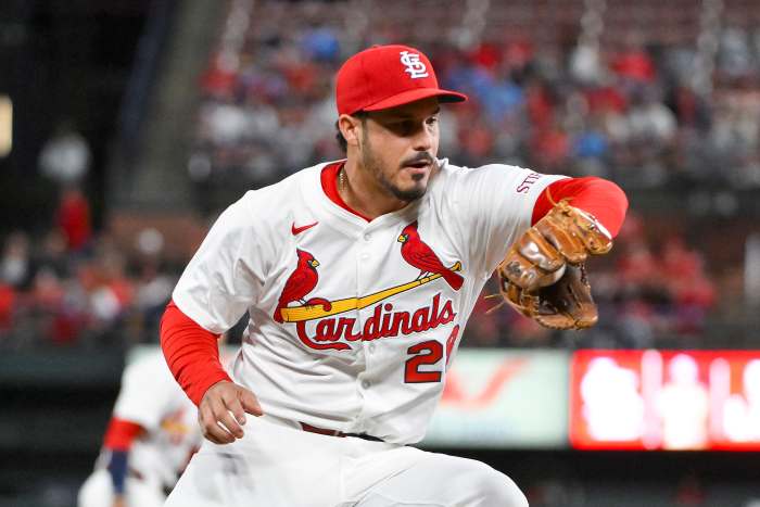 St. Louis Cardinals third baseman Nolan Arenado (28) fields a ground ball against the Pittsburgh Pirates during the sixth inning at Busch Stadium.