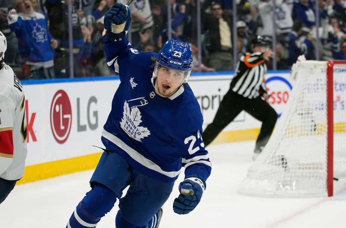 Toronto Maple Leafs forward Matthew Knies (23) celebrates his goal against Florida Panthers goaltender Sergei Bobrovsky (72) during the third period of Game 1.