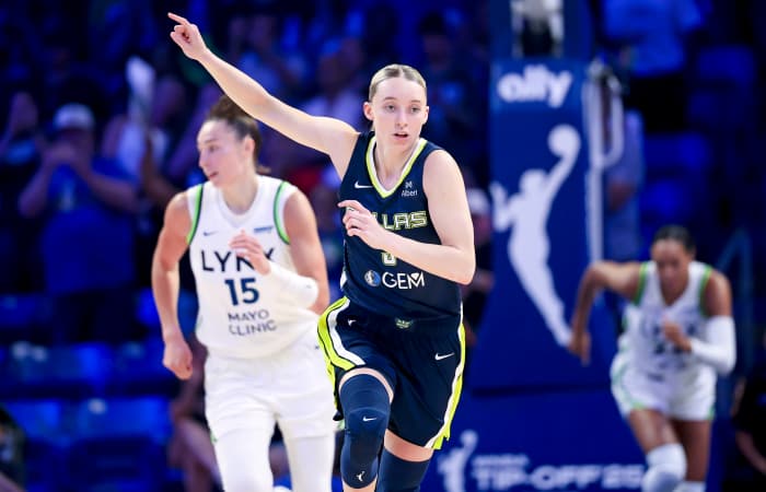 Dallas Wings guard Paige Bueckers (5) reacts after scoring during game against Minnesota Lynx