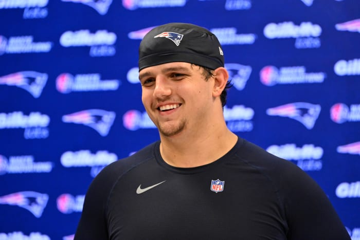 New England Patriots offensive tackle Will Campbell (66) speaks to the media after rookie camp at Gillette Stadium.