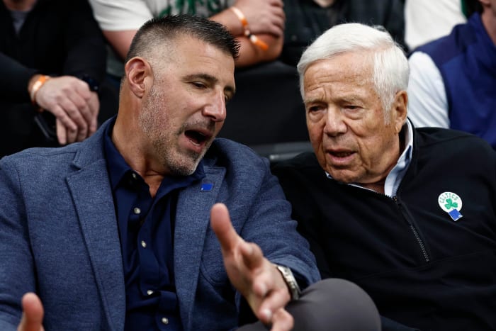 New England Patriots head coach Mike Vrabel, left, talks with Patriots owner Robert Kraft court-side during the second half of game two of the first round of the 2024 NBA Playoffs between the Boston Celtics and the Orlando Magic at TD Garden.