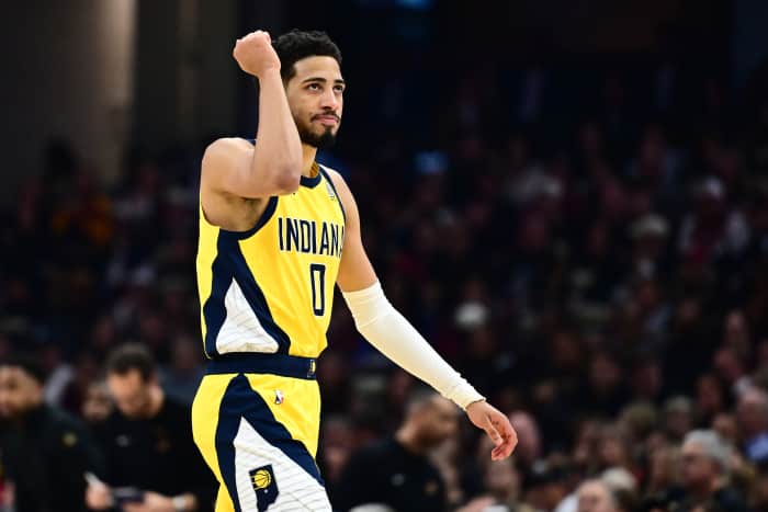 Indiana Pacers guard Tyrese Haliburton celebrates after hitting a shot against the Cleveland Cavaliers at Rocket Arena.