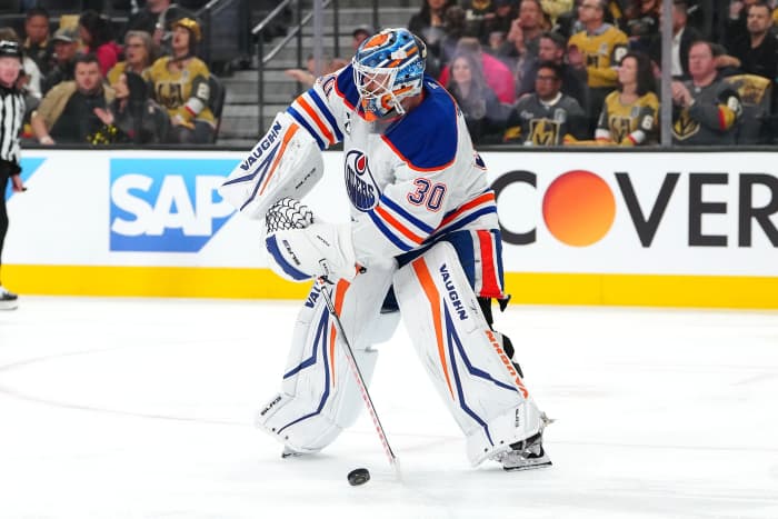Edmonton Oilers goaltender Calvin Pickard (30) settles a dump in by the Vegas Golden Knights during the second period of game one of the second round of the 2025 Stanley Cup Playoffs at T-Mobile Arena.