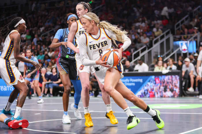 May 22, 2025; Atlanta, Georgia, USA; Indiana Fever guard Sophie Cunningham (8) dribbles against the Atlanta Dream in the first half at State Farm Arena. Mandatory Credit: Brett Davis-Imagn Images