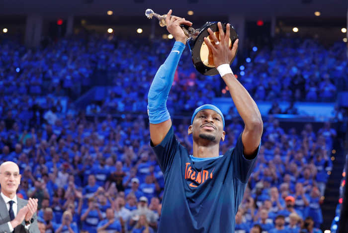 Oklahoma City Thunder guard Shai Gilgeous-Alexander (2) with the Michael Jordan Trophy for winning the most valuable player award for the 2024-25 season.