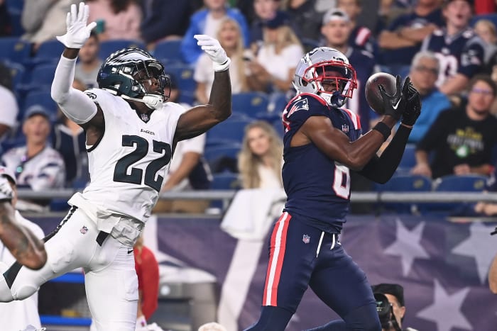 Aug 15, 2024; Foxborough, MA, USA; New England Patriots wide receiver Javon Baker (6) tries to make a catch while being covered by Philadelphia Eagles cornerback Kelee Ringo (22) during the first half at Gillette Stadium. 