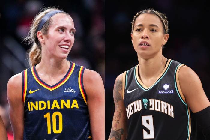Indiana Fever guard Lexie Hull (left) and New York Liberty guard Natasha Cloud (right).