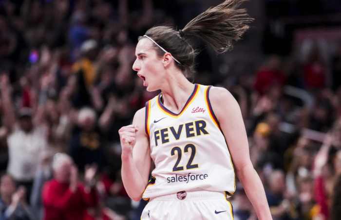 May 24, 2025; Indianapolis, Indiana, USA; Indiana Fever guard Caitlin Clark (22) celebrates during a game between the Indiana Fever and the New York Liberty at Gainbridge Fieldhouse. Mandatory Credit: Grace Smith/USA Today Network via Imagn Images