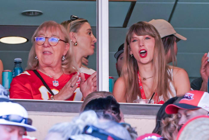 Pop star Taylor Swift, right, cheers against on the Kansas City Chiefs with Donna Kelce at Arrowhead Stadium.