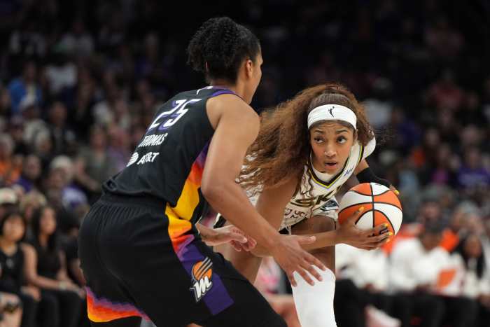 Chicago Sky forward Angel Reese and Phoenix Mercury forward Alyssa Thomas during their game at the PHX Arena, formerly Footprint Center.