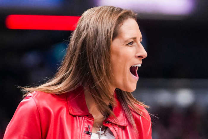 Indiana Fever head coach Stephanie White celebrates her team Saturday, May 17, 2025, during a game between the Indiana Fever and the Chicago Sky at Gainbridge Fieldhouse in Indianapolis.