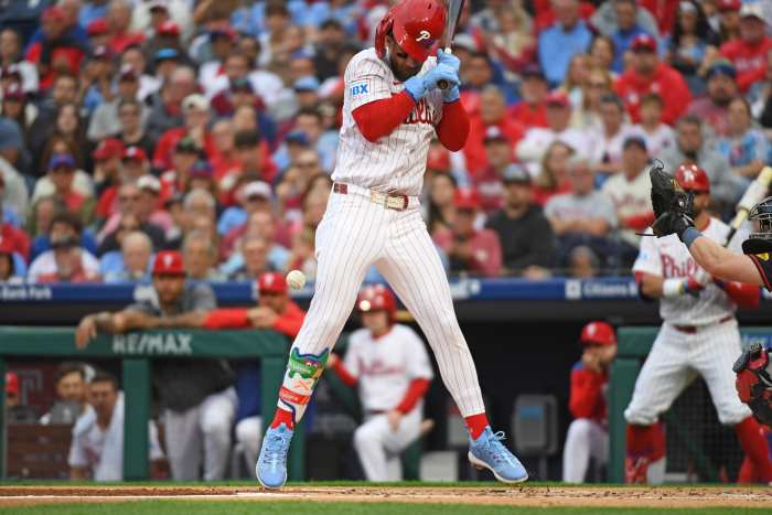 Philadelphia Phillies first baseman Bryce Harper (3) is hit by a pitch during the first inning against the Atlanta Braves at Citizens Bank Park.