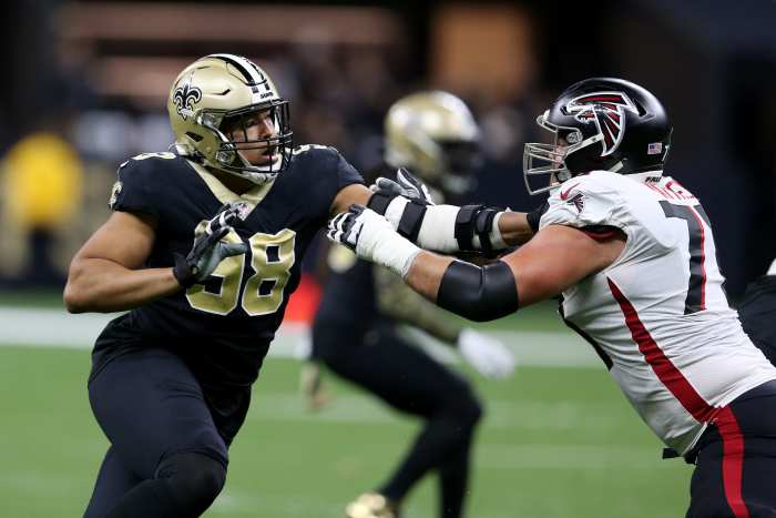 Nov 7, 2021; New Orleans Saints defensive end Payton Turner (98) is blocked by Atlanta Falcons offensive tackle Jake Matthews (70). Mandatory Credit: Chuck Cook-Imagn Images