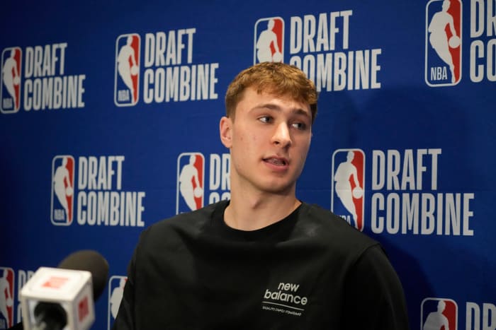 Former Duke star forward Cooper Flagg talks to the media during the 2025 NBA Draft Combine