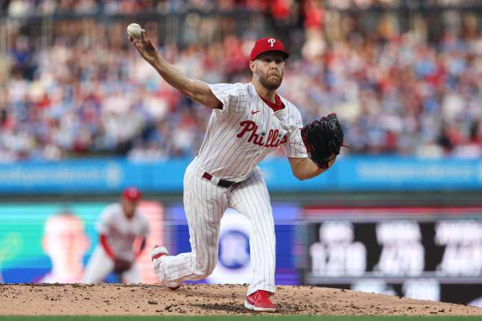 Philadelphia Phillies pitcher Zack Wheeler (45) throws a pitch against the Atlanta Braves during the third inning at Citizens Bank Park.