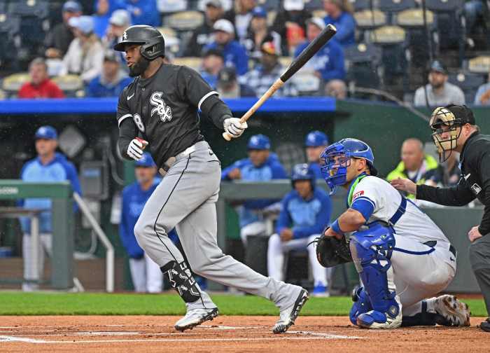 Chicago White Sox center fielder Luis Robert Jr. (88) at bat in the first inning against the Kansas City Royals at Kauffman Stadium.