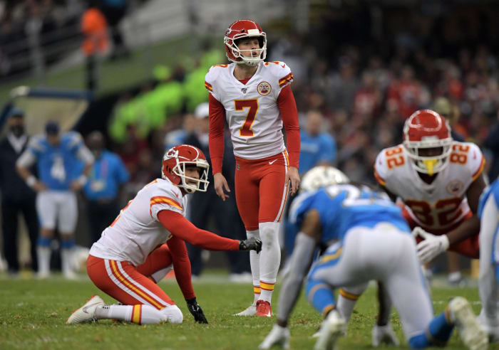 Kansas City Chiefs kicker Harrison Butker and punter Dustin Colquitt