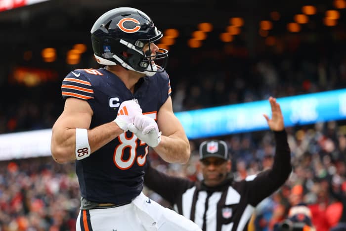 Chicago Bears tight end Cole Kmet (85) reacts after making a touchdown catch against the Detroit Lions during the second quarter at Soldier Field.