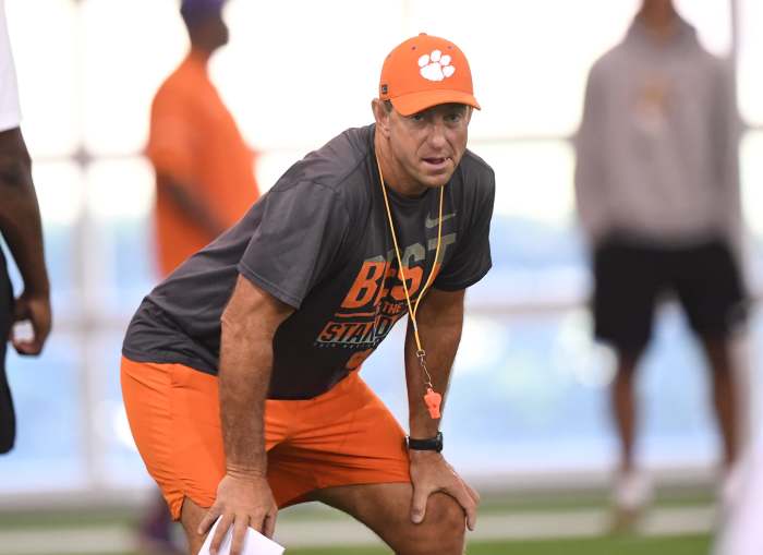 Clemson head coach Dabo Swinney during his 2025 football camp in Clemson