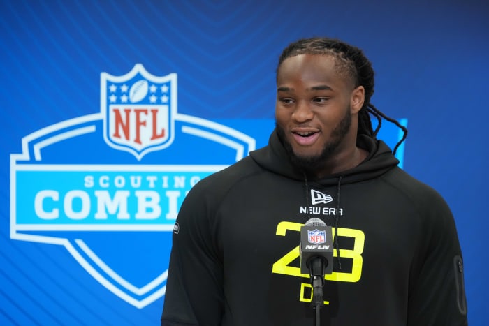 Maryland defensive lineman Jordan Phillips (DL28) during the 2025 NFL Scouting Combine at the Indiana Convention Center.