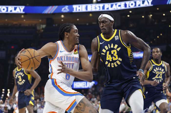 Oklahoma City Thunder forward Jalen Williams drives to the basket against Indiana Pacers forward Pascal Siakam at Paycom Center on March 29, 2025.
