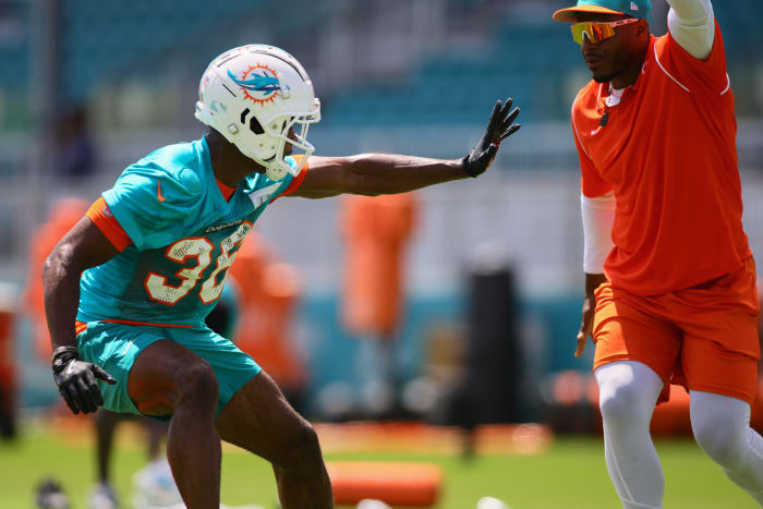 Miami Dolphins cornerback Storm Duck (36) works out during mandatory minicamp at Baptist Health Training Complex.