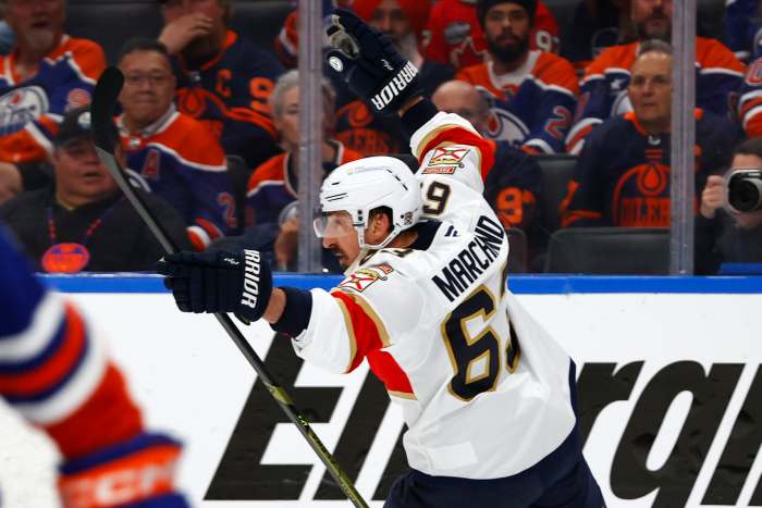 Florida Panthers center Brad Marchand (63) reacts after scoring a goal against the Edmonton Oilers in the 2025 Stanley Cup Final.