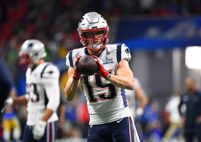 New England Patriots wide receiver Chris Hogan (15) warms up before Super Bowl LIII against the Los Angeles Rams at Mercedes-Benz Stadium.