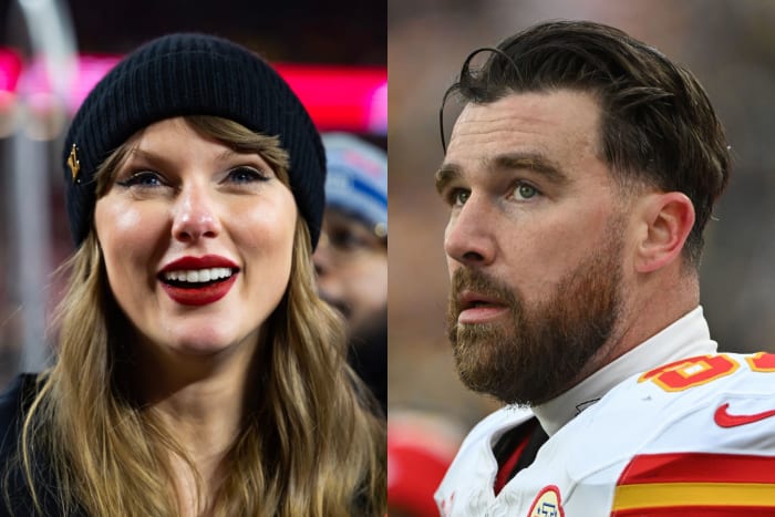Recording artist Taylor Swift (left) and Kansas City Chiefs tight end Travis Kelce (right).