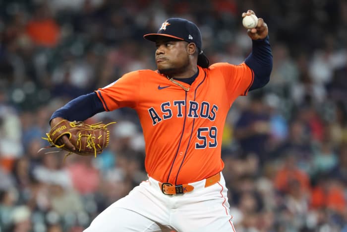 Houston Astros starting pitcher Framber Valdez (59) delivers a pitch during the first inning against the Tampa Bay Rays at Daikin Park.