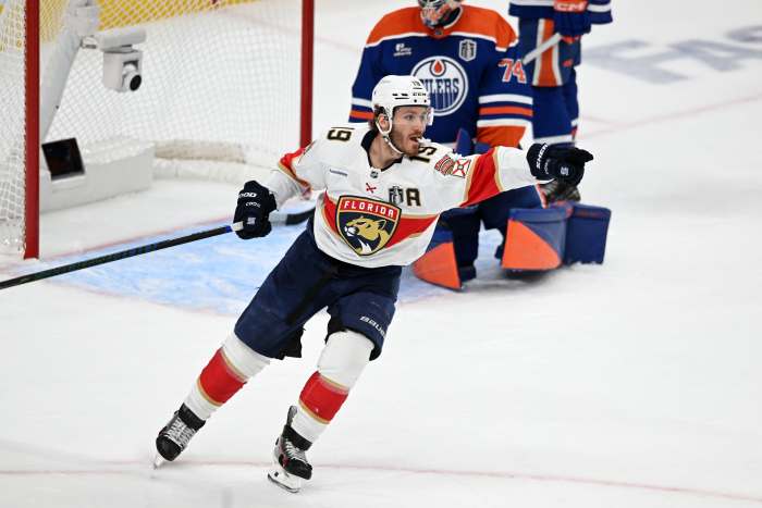Florida Panthers center Sam Bennett (9) reacts after scoring a goal against Edmonton Oilers goaltender Stuart Skinner (74) during the second period in game two of the 2025 Stanley Cup Final at Rogers ...