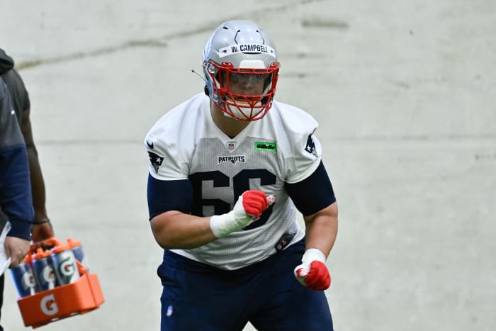 New England Patriots offensive tackle Will Campbell (66) practices during rookie camp at Gillette Stadium.