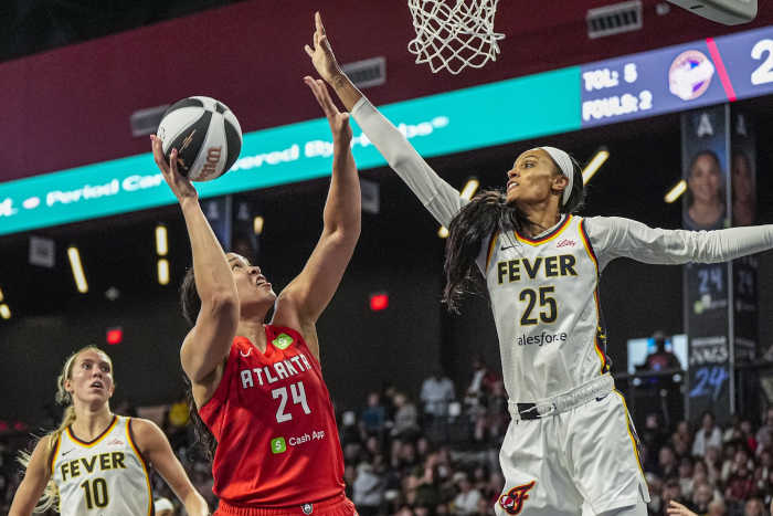 Atlanta Dream forward Brionna Jones (24) shoots against Indiana Fever forward DeWanna Bonner (25).