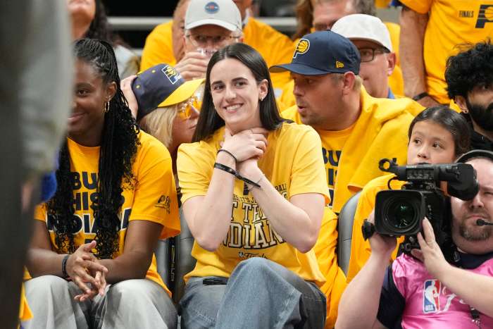 Caitlin Clark attends game three of the 2025 NBA Finals between the Oklahoma City Thunder and the Indiana Pacers.