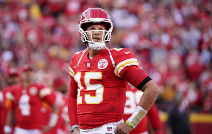 Oct 16, 2022; Kansas City, Missouri, USA; Kansas City Chiefs quarterback Patrick Mahomes (15) watches the reply after throwing an interception against the Buffalo Bills during the first half at GEHA Field at Arrowhead Stadium. Mandatory Credit: Denny Medley-Imagn Images